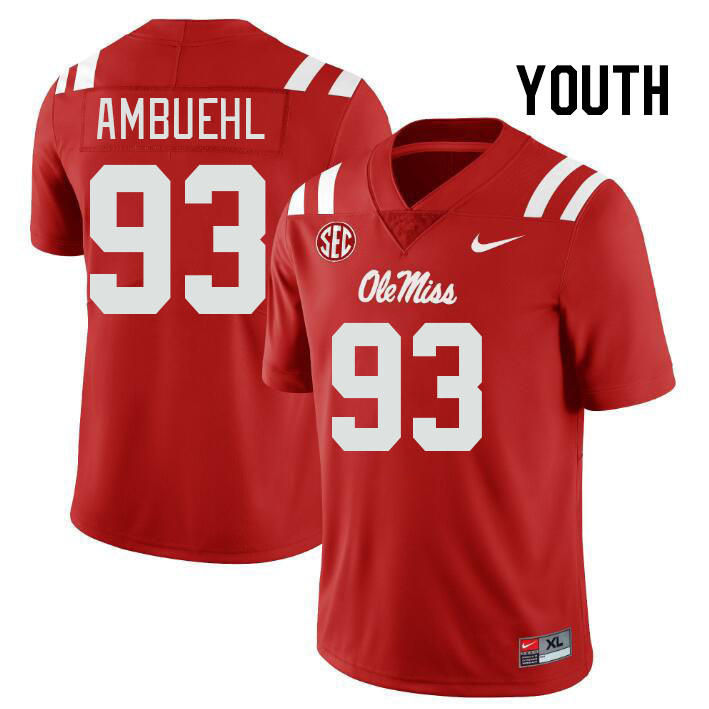 Youth #93 Davis Ambuehl Ole Miss Rebels College Football Jerseyes Stitched Sale-Red